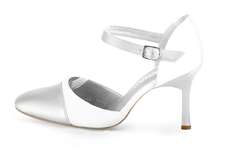 Light silver and pure white women's open side shoes, with an instep strap. Round toe. Very high slim heel. Profile view - Florence KOOIJMAN